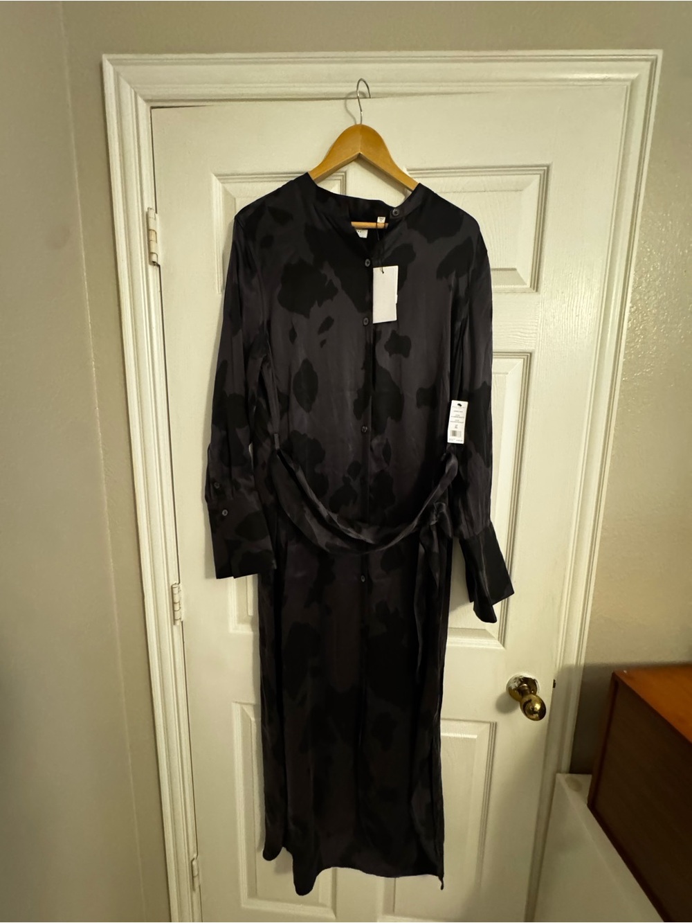 Equipment Black Satin High-Low Shirt Dress with Subtle Jacquard
